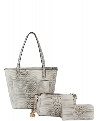 3in1 Crocodile Skin Tote bag Clutch Wallet Set LMD010-Z  STONE